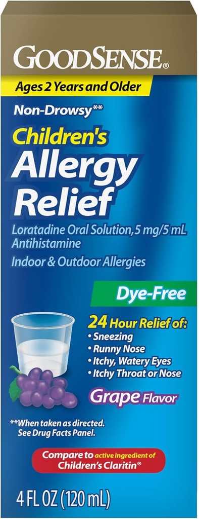 GoodSense Børneallergi Relief - Loratadine Oral Solution - Grape Flavor - 24-timers non- Drowsy Antihistamin, 4 Fl Oz