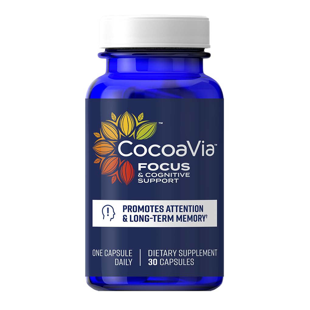 CocoaVia Memory & Focus Brain Supplement, 30 Dag, Kakao Flavanol Blend, Lutein, Tilføjet koffein til Boost. Forbedre kognitiv funktion, Opmærksomhed, Vegan & Plant baseret, 30 Kapsler