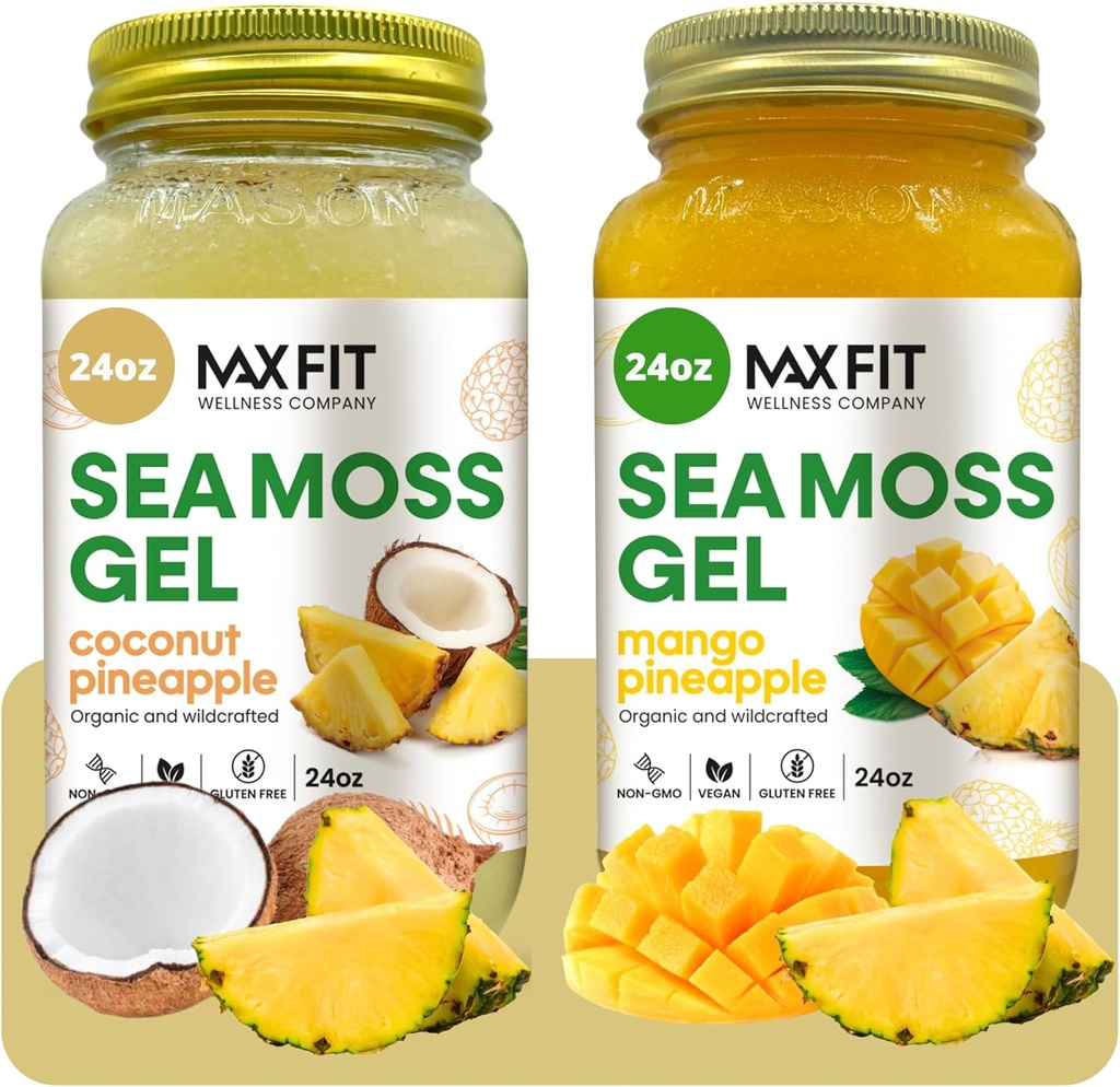 Sea Moss Gel Organic Raw (Bundle of 2 Jars 24oz) Kokos Ananas og Mango Ananas Wildсrafted Gold Sea Moss Gel fra Saint Lucia; 92 Vitaminer og mineraler