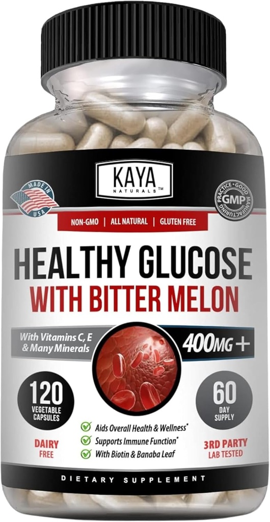Kaya Naturals Sund Gluco med Bittermelon Support 124; Support Sunde Niveauer og Funktion, 20 Urter Vitamin og Mineraler, Alpha Lipoic Acid, Kanel, C-vitamin & E, Non- GMO (120 Tæl)