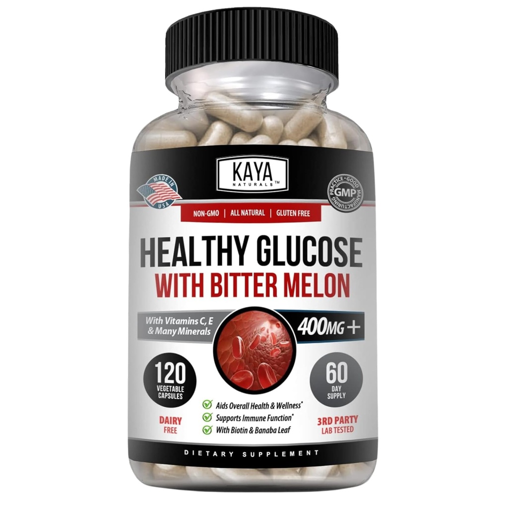 Kaya Naturals Sund Gluco med Bittermelon Support 124; Support Sunde Niveauer og Funktion, 20 Urter Vitamin og Mineraler, Alpha Lipoic Acid, Kanel, C-vitamin & E, Non- GMO (120 Tæl)