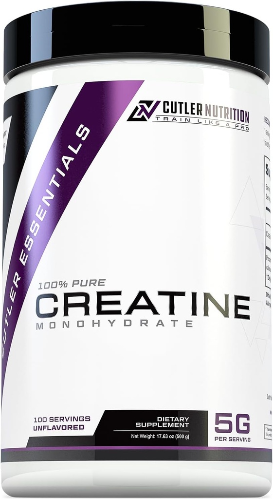 Cutler Nutrition Pure Creatinine Monohydrat - 5g Per Servering - Premium Muscle Builder forbedrer styrke ydeevne & Inddrivelse - Unflavored for Easy Mixing (100 Servere)