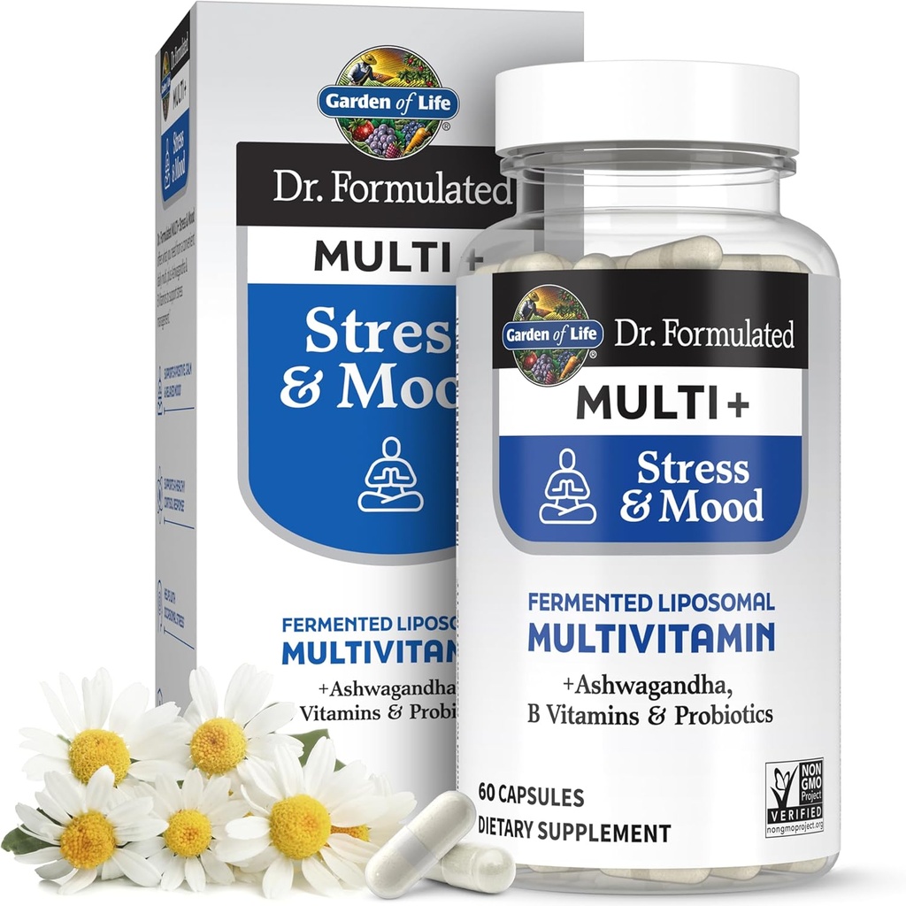 Livets have Dr. Formuleret Multi + Stress & Mood, Gæret Liposomal Multivitamin + Ashwagandha, B Vitamin & Probiotika - 60 kapsler, Hele fødevarer Vitamin & Mineral supplement