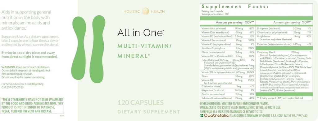 Holistisk sundhed Alt i én Multi Vitamin og mineral til antioxidant boost, Multi Minerals supplement til understøtning Methylering og immunitet Boost, 120 kapsler
