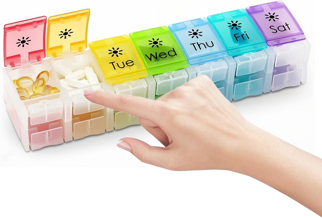 XL Stor AM / PM Weekly Pill Organizer Gigt Friendly, 2 gange en dag Pill Box med Spring Open Design, 7 dages Vitamin sag med trykknap Compartments