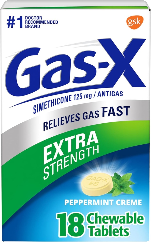 Gas- X Extra Strength Chewable Gas Relief Tablets med Simeticone 125 mg, Pebermynte Creme - 18 Greve