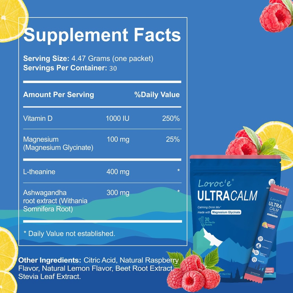 UltraCall Super Cortisol drikke, Calm Magnesium Glycinate pulver (30 Servere), L-theanin, Ashwagandha, D-vitamin, Ingen sukker, Raspberry Lemonade Elektrolytes Powder-1