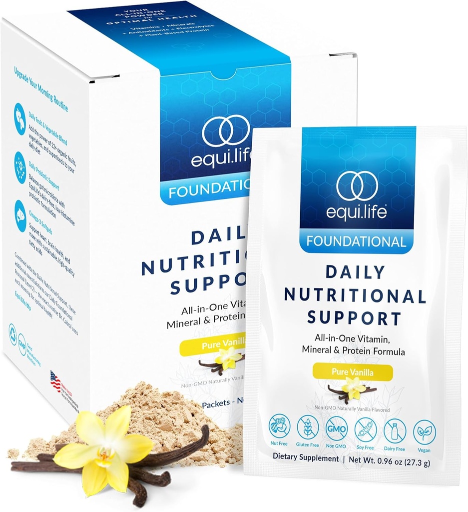 Equilife Daily Nutritional Support, All- in- One Multivitamin Meal Erstatning, Pure Vanilla Flavor, 15G Plant Protein, Understøtter Samlet Wellness herunder energi, fordøjelse, & Hud, 14 Pakker