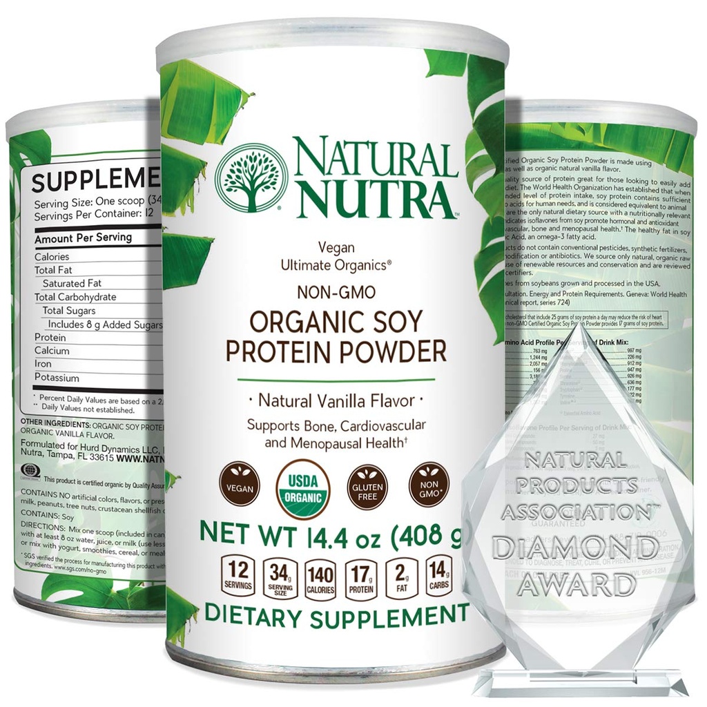 Naturlig Nutra Organic Vegan Plant Based Soy Protein Source Powder, Support Midlivstransition, Understøtter Bone og Forbedrer Kardiovaskulær Sundhed, Gluten Free, Non GMO, Sugar- Free 14.4 OZ.
