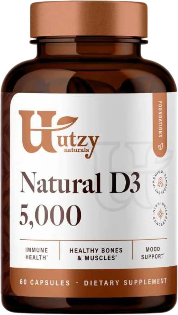 Utzy Naturals D3 5,000 IU | Vitamin D Cholecalciferol | Made in USA | 3rd Party Tested | 60 Capsules