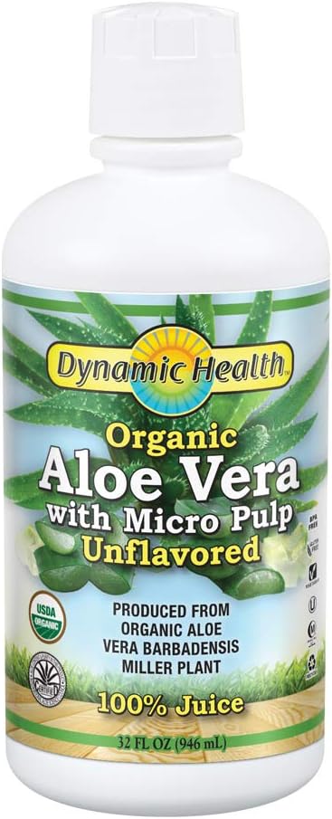 Dynamic Health Organic Aloe Vera Juice w / Micro Pulp, Unflavored; Ingen tilsat sukker, kunstig farve eller sødestoffer, Ingen Gluten eller BPA; 32oz, 8 Serv