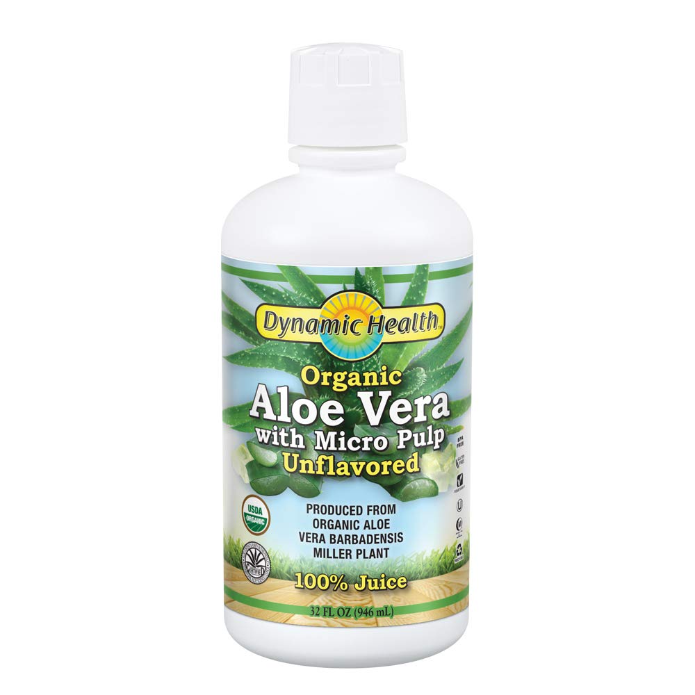 Dynamic Health Organic Aloe Vera Juice w / Micro Pulp, Unflavored; Ingen tilsat sukker, kunstig farve eller sødestoffer, Ingen Gluten eller BPA; 32oz, 8 Serv