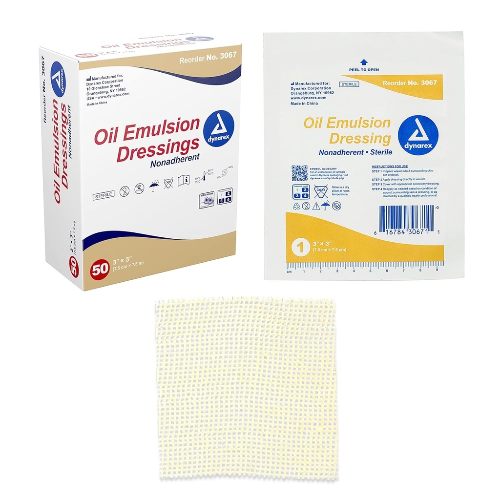 Dynarex Oil Emulsion Dressings, Sårpleje, Absorbent, 3 "x 3" Steril Strikket Gauze Klædning med Emulsion Blend af Petrolatum og Sunflower Oil, 1 Box med 50 Oil Emulsion Dressings