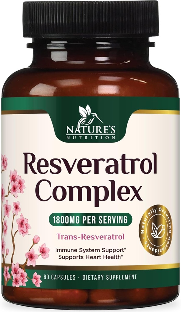 Resveratrol Supplement 1800 mg - Ekstra styrke Antioxidanter til sund aldring & immunforsvar - Heart Health & Cellular Energy Support - Non-GMO, Bioavailable Trans- Resveratrol - 60 Veganske kapsler