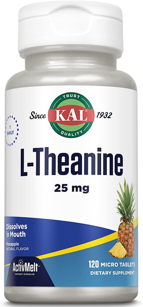 KAL L Theanine 25 mg ActivMelt - Afslapning, Stress, Mood og Focus Supplement - Lækker Natural Ananas Flavor med Stevia - Vegetar - 120 Servere, 120 Instant Opløs Micro Tablets