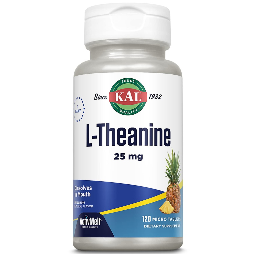 KAL L Theanine 25 mg ActivMelt - Afslapning, Stress, Mood og Focus Supplement - Lækker Natural Ananas Flavor med Stevia - Vegetar - 120 Servere, 120 Instant Opløs Micro Tablets