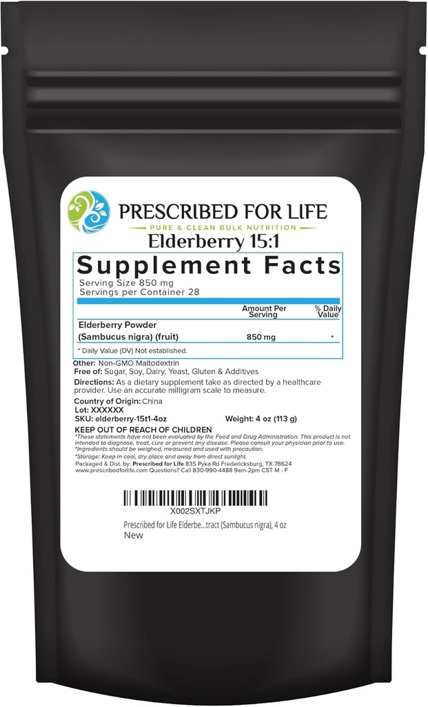 Præskrevet for Life Elderberry Powder, Pulveriseret Elderberry for voksne, High Vitamin C Indhold, Fuld af kostfibre & antioxidanter, Vegan, Gluten Free, Non GMO (4oz / 113g)