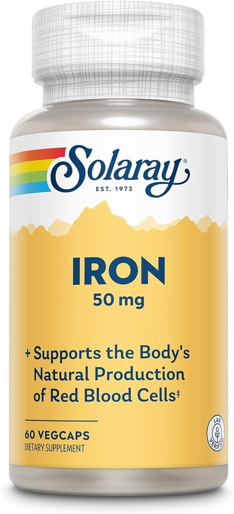 SOLARAY jernkapsler 50mg - Jern supplement til kvinder og mænd w / Persley og gul Dock Root, Understøtter Kropets naturlige produktion af røde blodceller, 60- dag garanti, 60 Servering