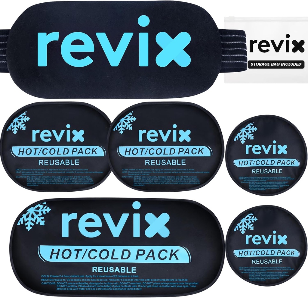 REVIX is pakker til skader Genanvendelige, 5-stykke sæt varm og kold Gel Ice Pack til Joints, Muscle, Post- workout Inddrivelse, justerbar og fleksible køleringe til knæer, ryg, arme og hals