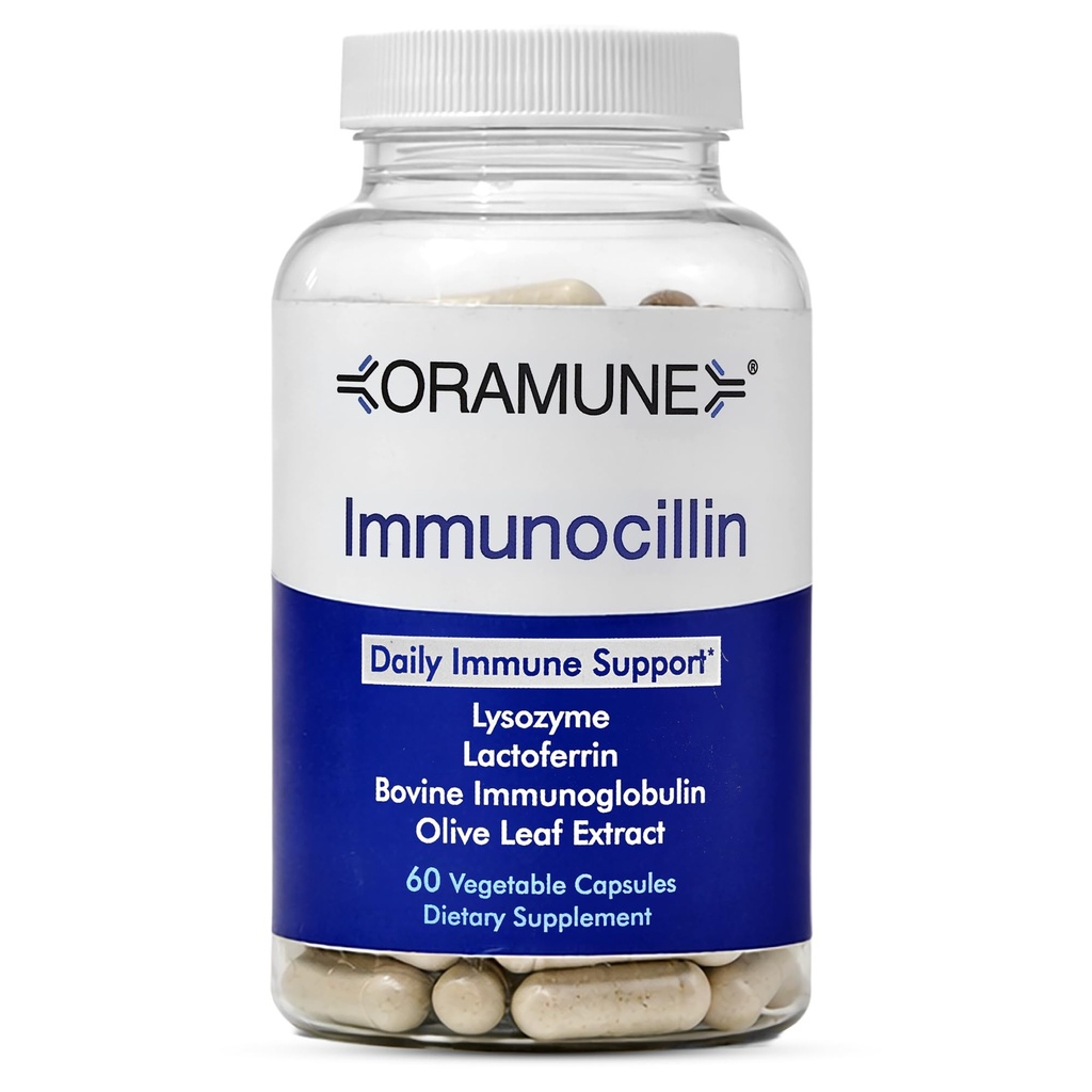 Support supplement med Transfer Factor og Pure Colostrum ImmunoCillin Mex124; Lysozyme, Lactoferrin, Bovin Immunoglobulin & Olive Leaf Extract, 60 Kapsler