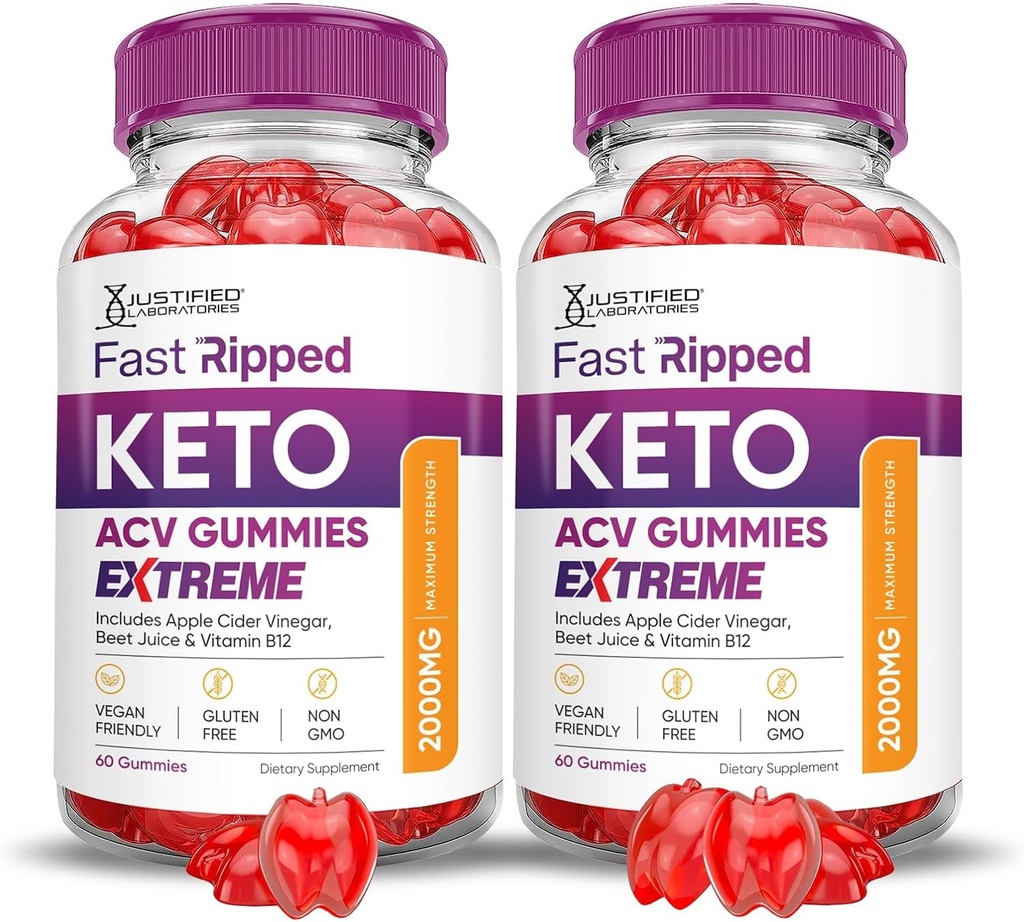 Justified Laboratories (2 Pack Fast Ripped Keto ACV Gummies Extreme 2000MG Fast Ripped Keto Gummies Apple Cider Vinagar Formuleret med Pomegranate Beet Juice Powder B12 Vegan Non GMO 120 Gummys