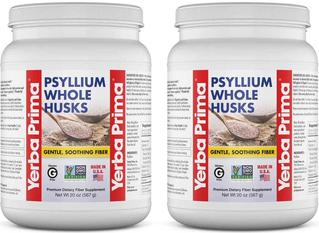 Yerba Prima Whole Psyllium Husk Fiber Supplement 20 oz (pakke af 2) - Vegan, Gluten Free, Non- GMO