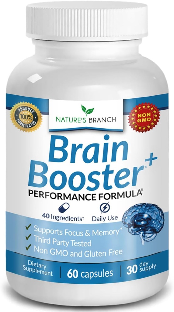 40- in-1 Brain Booster supplement til fokus, hukommelse, Klarhed, energi ekskl. 124; Advanced Vitamin Plus eBook 124; for mænd og kvinder, kognitiv funktion Nootrop Support med DMAE, Mind Health Formel 124; 60 kapsler