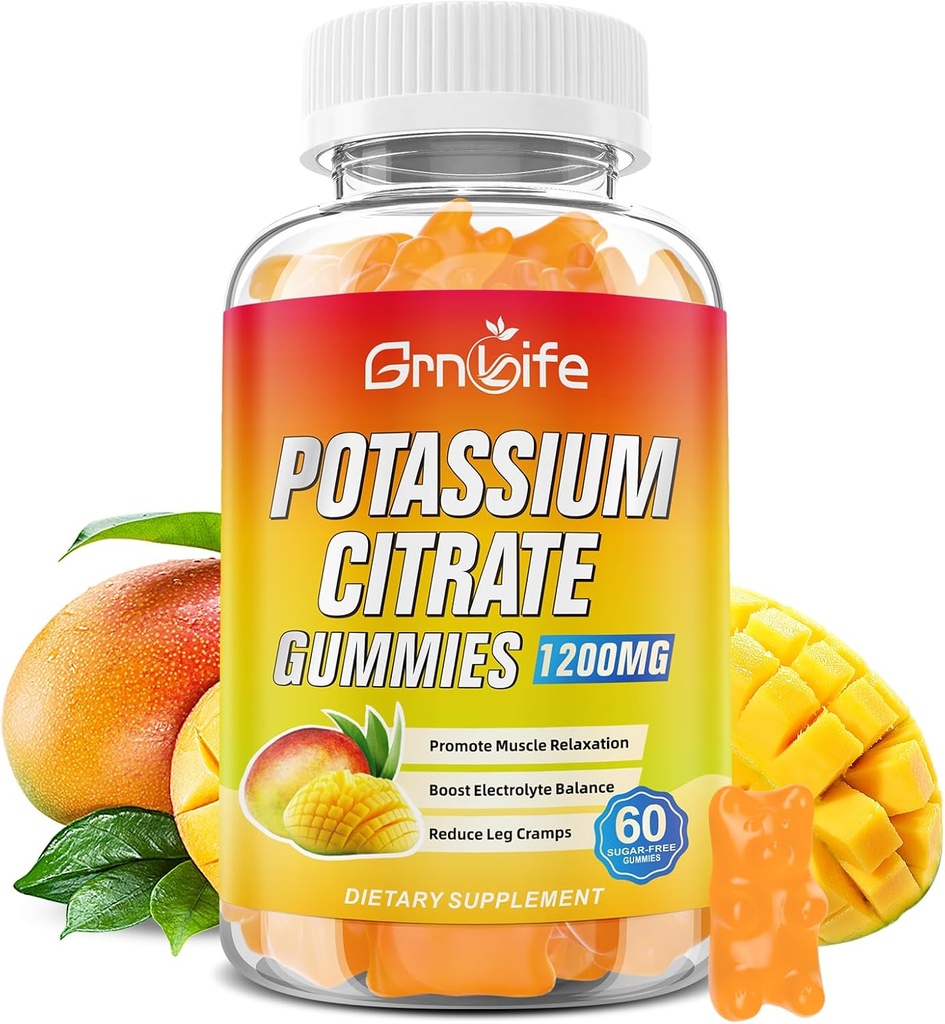 Kalium Citrate Gummies, High Kalium Supplement Gummies 1200mg for voksne & børn, Support Leg Cramp & Muscle Health, Vegan, Mango Flavor 60 Greve