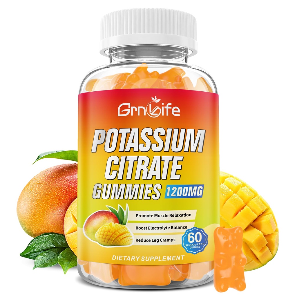Kalium Citrate Gummies, High Kalium Supplement Gummies 1200mg for voksne & børn, Support Leg Cramp & Muscle Health, Vegan, Mango Flavor 60 Greve
