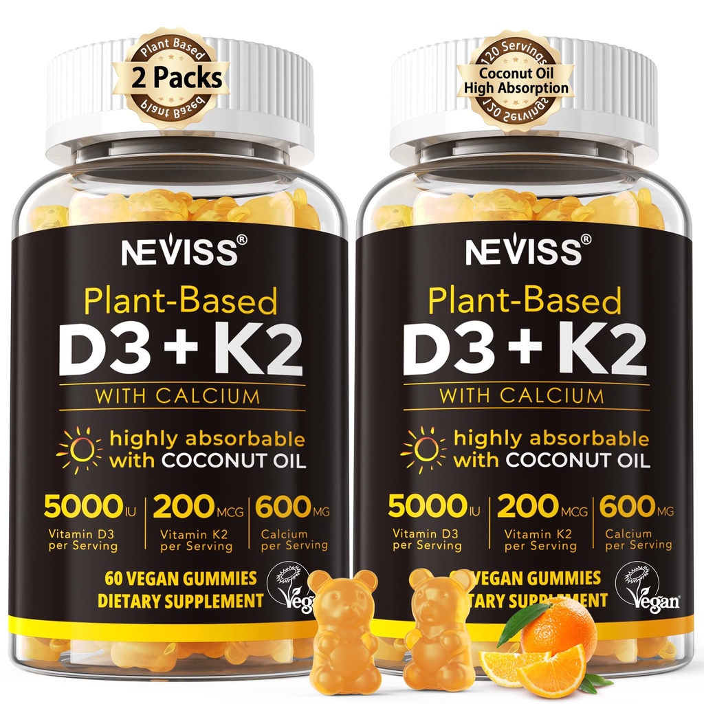 Vitamin D3 5000iu & K2 (som MK7) 200mcg Gummies + 600mg Calcium, med kokosolie til høj absorption, Maksimal styrke Vitamin D3 K2 Supplement - Støtte til knogler Muskeltænder Immun, Vegan 2Packs