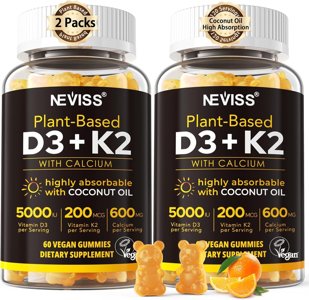 Vitamin D3 5000iu & K2 (som MK7) 200mcg Gummies + 600mg Calcium, med kokosolie til høj absorption, Maksimal styrke Vitamin D3 K2 Supplement - Støtte til knogler Muskeltænder Immun, Vegan 2Packs
