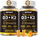 Vitamin D3 5000iu & K2 (som MK7) 200mcg Gummies + 600mg Calcium, med kokosolie til høj absorption, Maksimal styrke Vitamin D3 K2 Supplement - Støtte til knogler Muskeltænder Immun, Vegan 2Packs