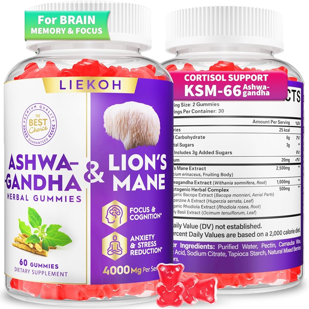 Ashwagandha Gummies - Organic Ashwagandha & Lions Mane Gummies for Adults with 4 Adaptogenic Herb for Stress, Cognitive & Immune Support| Cortisol Supplements for Women & Men, Berry Flavor - 60 Counts