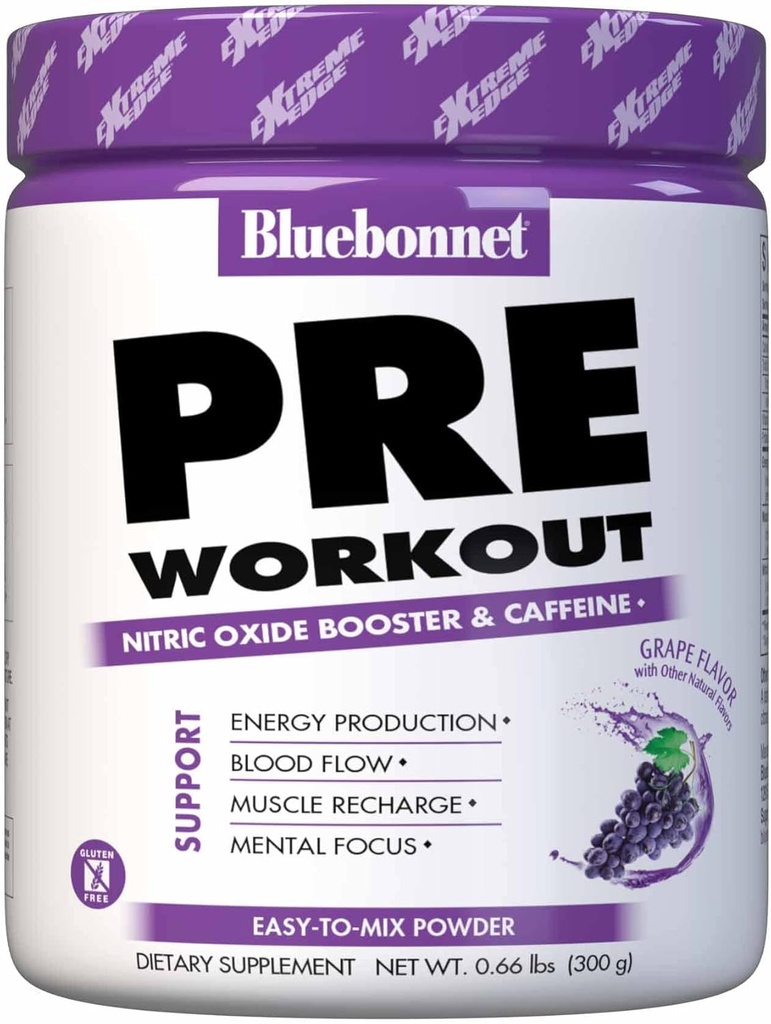 BlueBonnet Nutrition Extreme Edge Pre træning, Øger nitratoxide (NO) niveauer- 30 Serveringer, Grape Flavor, 10.56 Oz