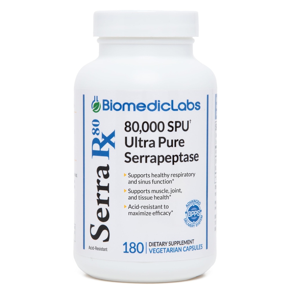 Serra-RX 80.000 SU Serrapeptase - Acid-Resstant Proteolytisk Systemisk Enzyme, Non- GMO, Gluten Free, Vegan, Understøtter Sinus & Lung Health, 180 Veg Kapsler