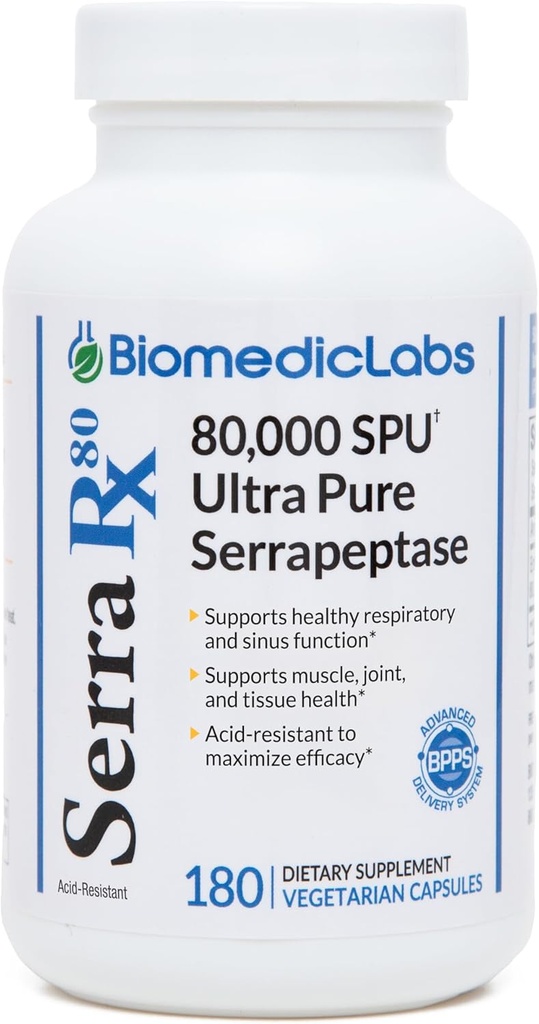 Serra-RX 80.000 SU Serrapeptase - Acid-Resstant Proteolytisk Systemisk Enzyme, Non- GMO, Gluten Free, Vegan, Understøtter Sinus & Lung Health, 180 Veg Kapsler