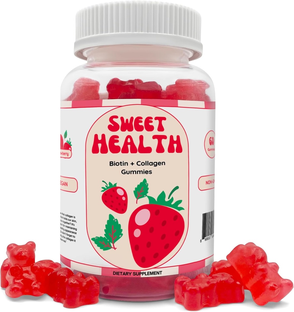 Sweet Health Hår Gummier Beeg 124; Yellow Skin + Hair Growth + Stærkere Nails Beeg 124; 10.000% Biotin + Collagen Beeg 124; Non- GMO Beeg 124; Sweet Strawberry