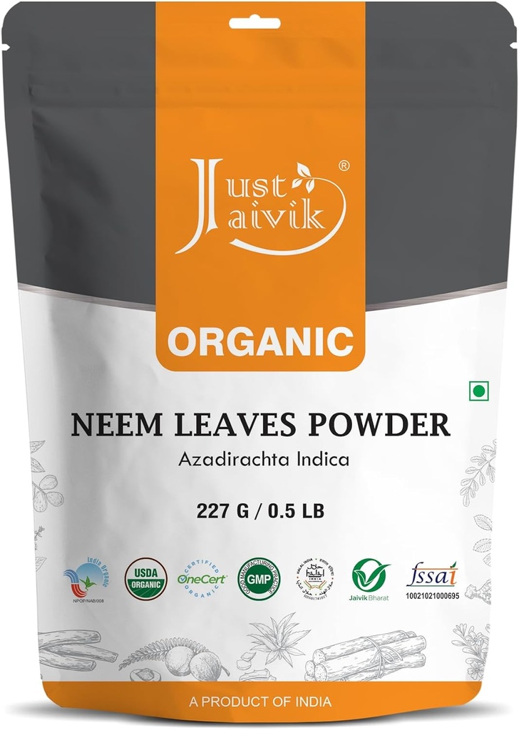 Just Jaivik 100% Organic Neem Leaves Powder - USDA Certified Organic, 227 GMS / 1 / 2 LB Pound / 08 Oz - Azadirachta Indica - Fremme sundt hår og klar hud (en USDA Organic Certified Herb)