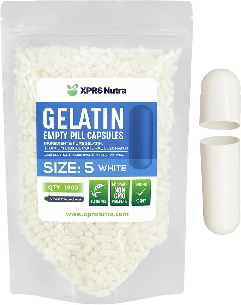 XPRS Nutra Size 5 Empty Capsules - 1000 Count Very Small Empty Gelatin Capsules - Pills DIY Capsule Filling - Fillable Pill Gel Caps for Do-It-Yourself Vitamin Supplements (White)