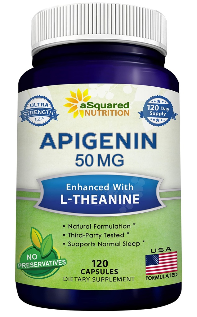 aSquared Nutrition Apigenin 50mg & L- Theanin 200mg - 120 kapsler - Apigenin Supplement piller til søvn og afslapning - Natural Bioflavonoid ekstrakt Fundet i kamillete