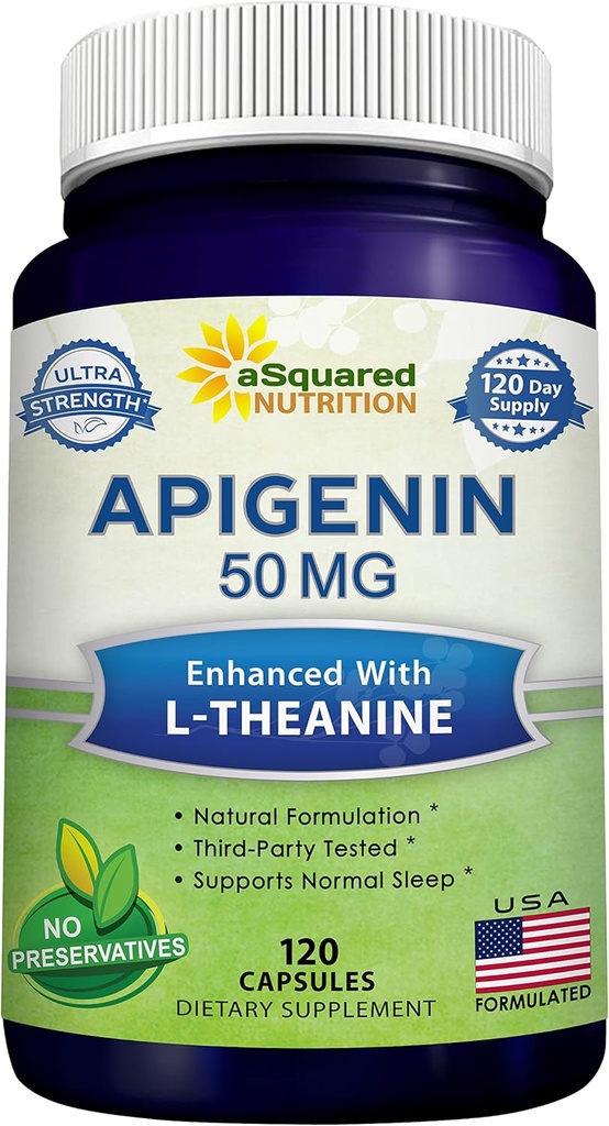 aSquared Nutrition Apigenin 50mg & L- Theanin 200mg - 120 kapsler - Apigenin Supplement piller til søvn og afslapning - Natural Bioflavonoid ekstrakt Fundet i kamillete