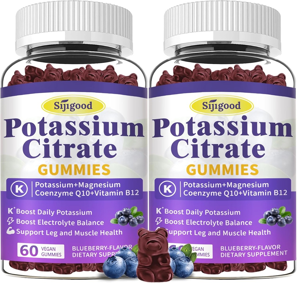 2 Pack Kalium Citrate Gummies, Kalium supplement til muskelsundhed, Leg Cramp Relief & Electrolyte Balance, Vegan, Non- GMO, Gluten- fri, Blåbær Flavor, 120 Greve