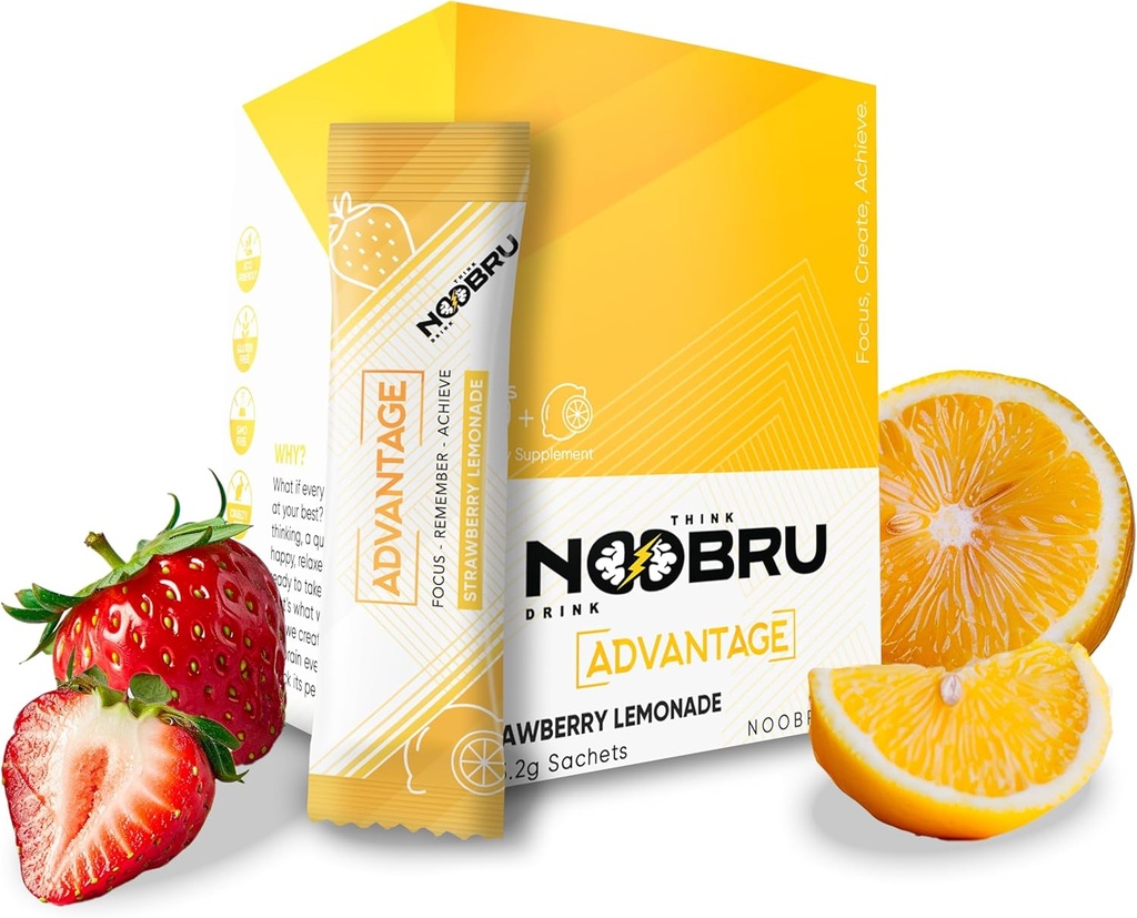 Noobru Аdvantage Nootrop - Lækker Nootropics Brain Supplement med 11 aktive ingredienser - Natural Cognitive Enhancer - 20 Strawberry Lemonade Sachets - 1 måned Tilgang, 20 Greve (Pack of 1)