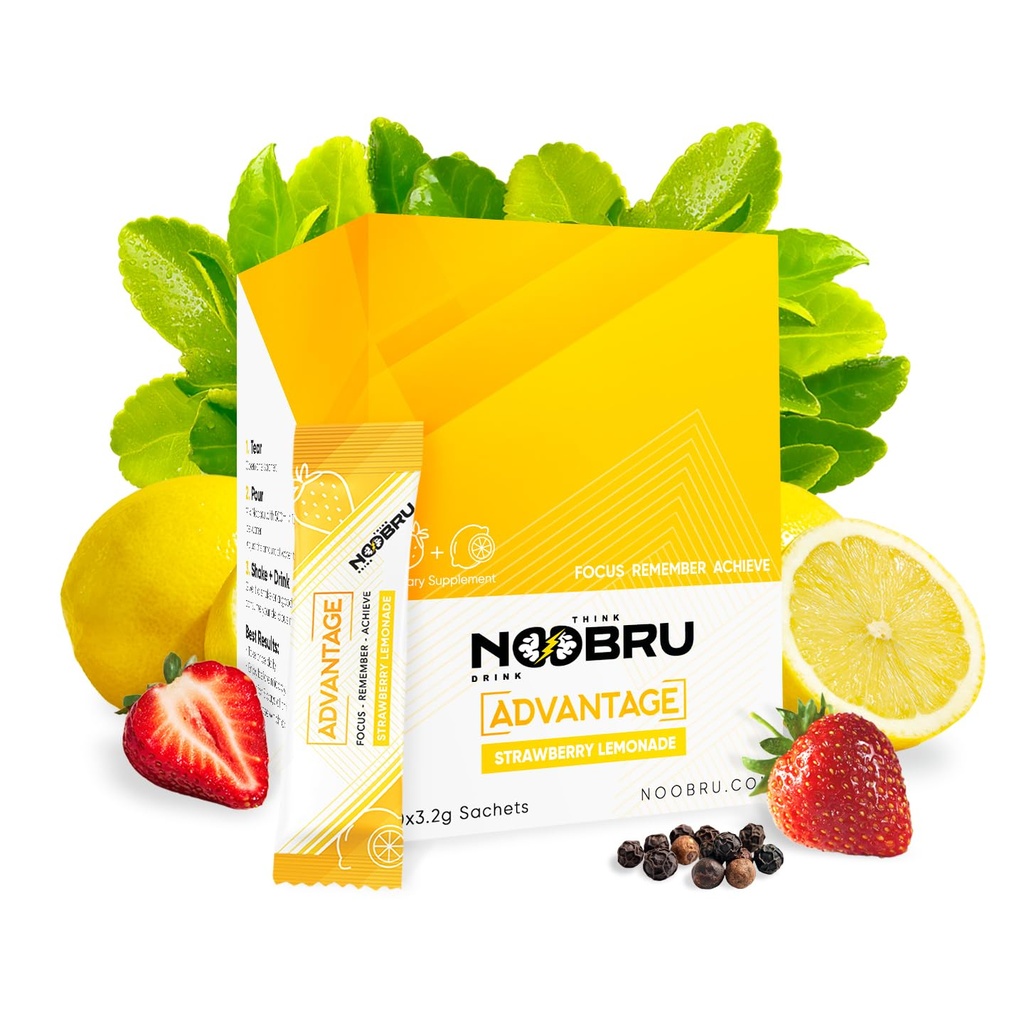 Noobru Аdvantage Nootrop - Lækker Nootropics Brain Supplement med 11 aktive ingredienser - Natural Cognitive Enhancer - 20 Strawberry Lemonade Sachets - 1 måned Tilgang, 20 Greve (Pack of 1)