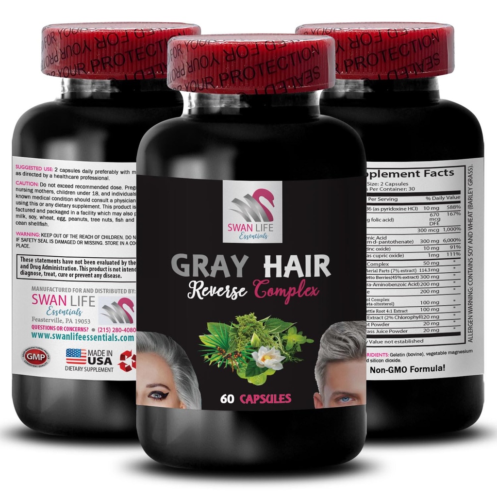 Plant Sterol Complex - GRAY HÅR REVERSE - frodig hår, strålende sheen, hår gnistre, revitaliserende formel, ungdommelig tone, hår forynger, hår glans, naturlige hårfarve 1 Flaske 60 Kapsler