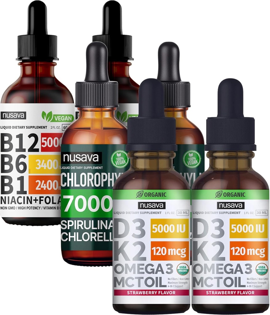 NUSAVA Strawberry Flavored D3 K2, Chlorophyll, & Vitamin B12 flydende dråber Bundle - Potent flydende vitaminer til hjerte, energi, hjerne & immunforsvar - Non- GMO, Gluten- fri, 2pk Hver
