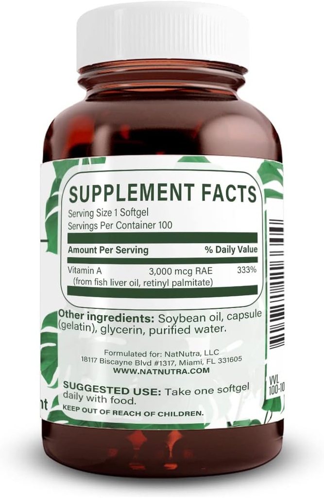 Natural Nutra Vitamin A 10.000 IE Softgels - High Potence Eye and Skin Vitaminer - Gluten- Free - Supplement for syn & hudsundhed - Fisk Lever olie til mænd og kvinder, Gluten Free 100 Softgels (3 Pack)