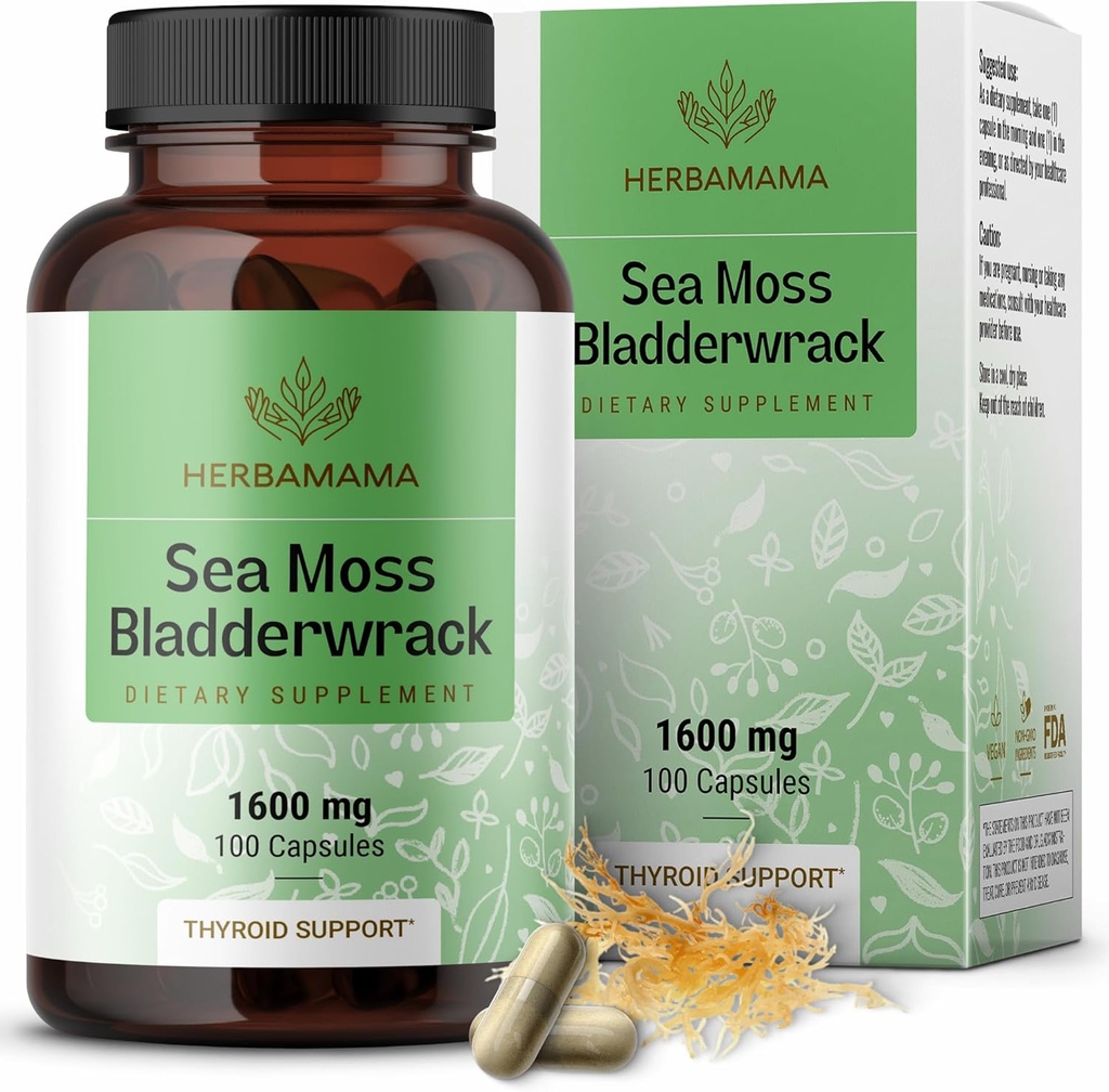 HERBAMAMA Sea Moss og Bladderwrack Kapsler - 1600 mg Irish Sea Moss for immunforsvar - Vegan, non-GMO Immunity Supplement for total support
