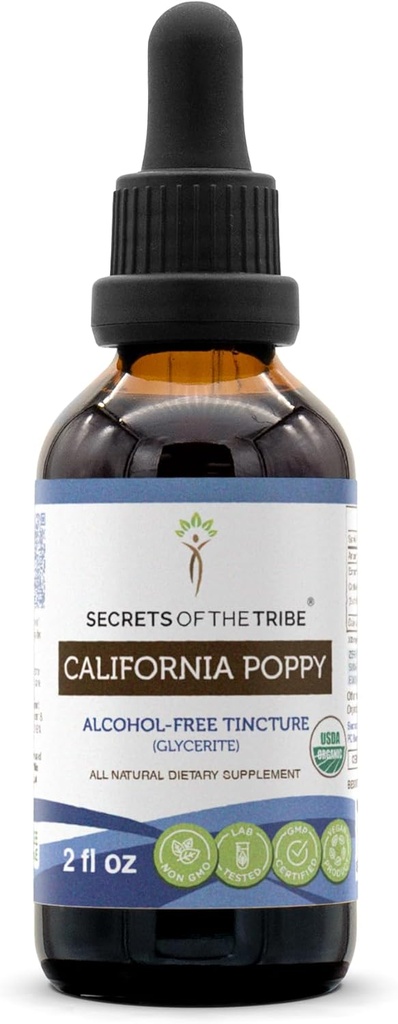 Secrets of the Tribe California Poppy Tincture Alcohol- Free Liquid Extract, USDA Organic California Poppy (Eschscholzia Californica) Tørret rod (2 FL OZ)