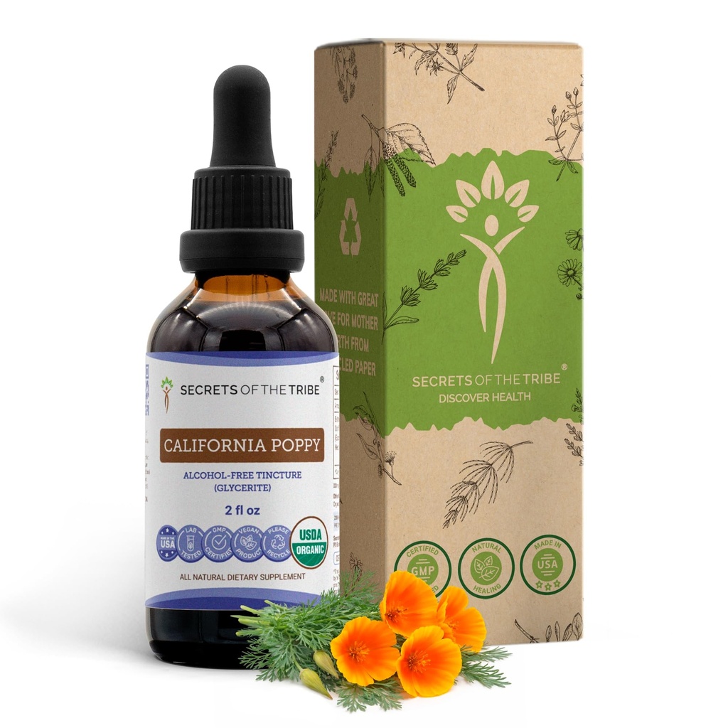 Secrets of the Tribe California Poppy Tincture Alcohol-Free Liquid Extract, USDA Organic California Poppy (Eschscholzia Californica) Dried Root (2 FL OZ)